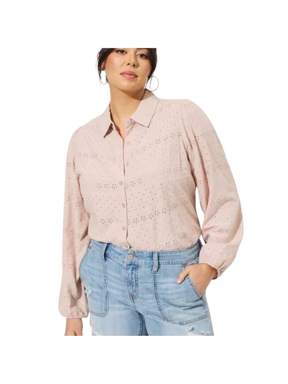 Torrid Eyelet Button Up Blouse 0X Light Pink Spring Cottagecore